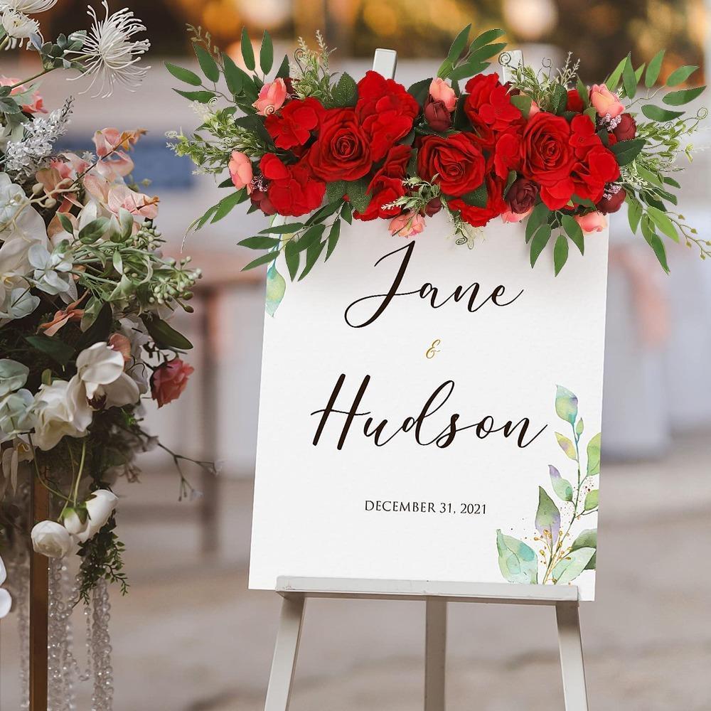 Beige and red faux flowers for wedding arch and ceremony backdrop decoration