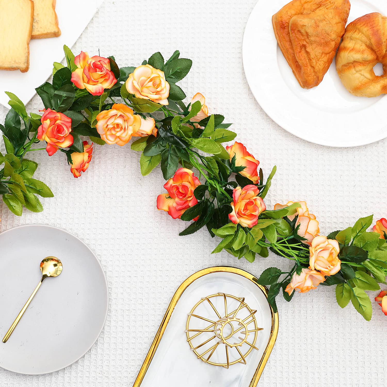 Silk Rose Flower Garland with Fruit Accents | Hanging Floral Decor in Red Orange Purple