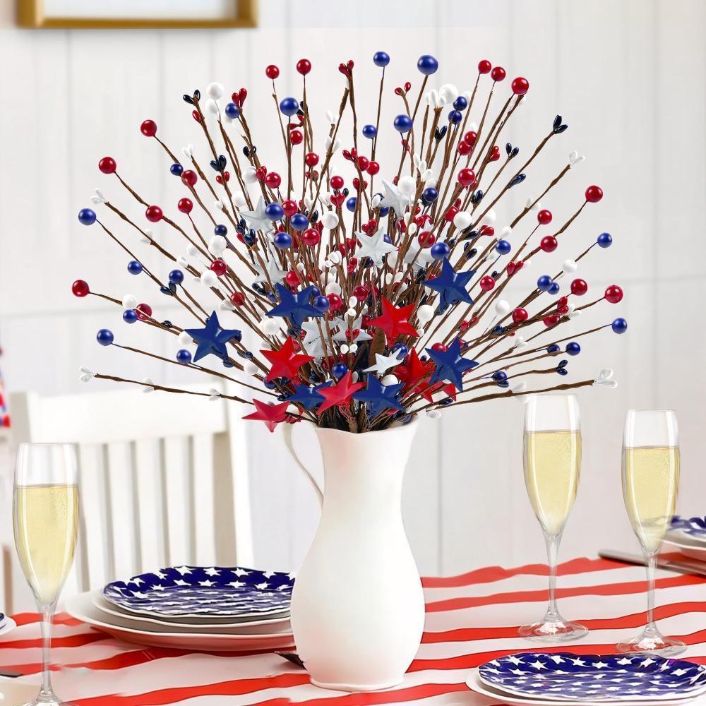 Red White & Blue Patriotic Floral Stems Set of 2 | 4th of July Memorial Day Party Table Centerpiece & Home Decor