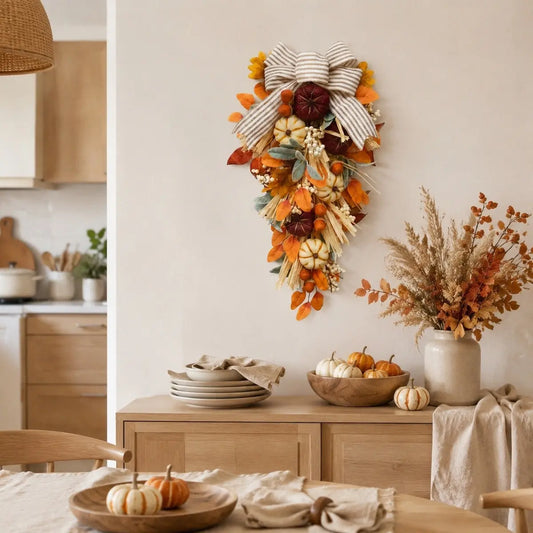 Fall teardrop swag with white pumpkins, striped bow, lamb's ear and eucalyptus displayed on a kitchen wall for Thanksgiving harvest decor

