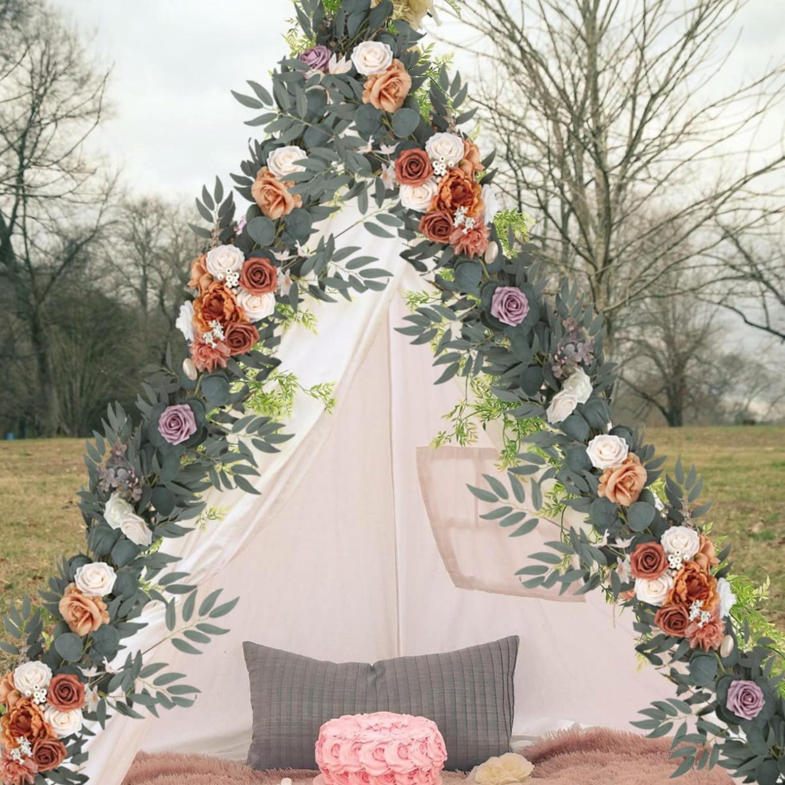 Artificial Eucalyptus Willow Leaf Garland with White Flowers | Wedding Table Runner Backdrop Party & Home Decor in Orange Red Blue White