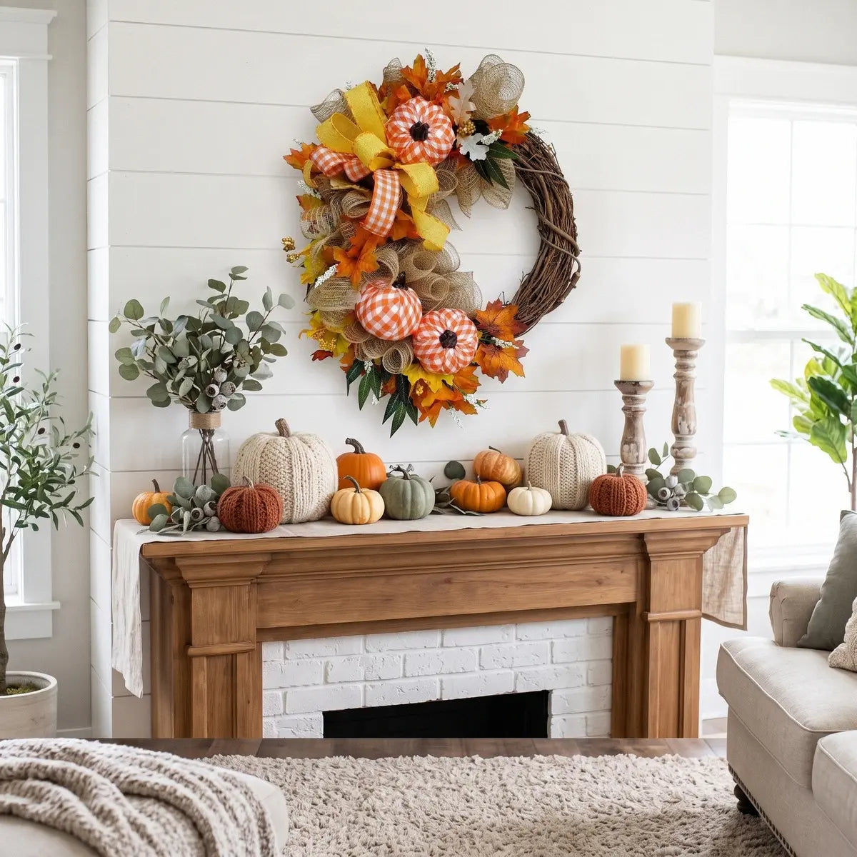 Autumn grapevine pumpkin wreath displayed above farmhouse fireplace mantel decorated with pumpkins and candles in white shiplap living room