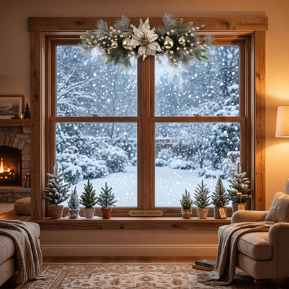 Artificial Christmas Poinsettia Swag Garland Displayed Above Window with Snowy Winter View
