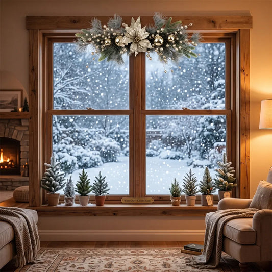 Artificial Christmas Poinsettia Swag Garland Displayed Above Window with Snowy Winter View
