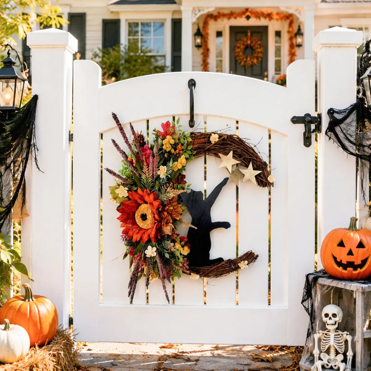 Halloween moon cat sunflower wreath with red fall florals and star accents, hung on a white garden gate surrounded by jack-o-lanterns, skeleton and Halloween decorations
