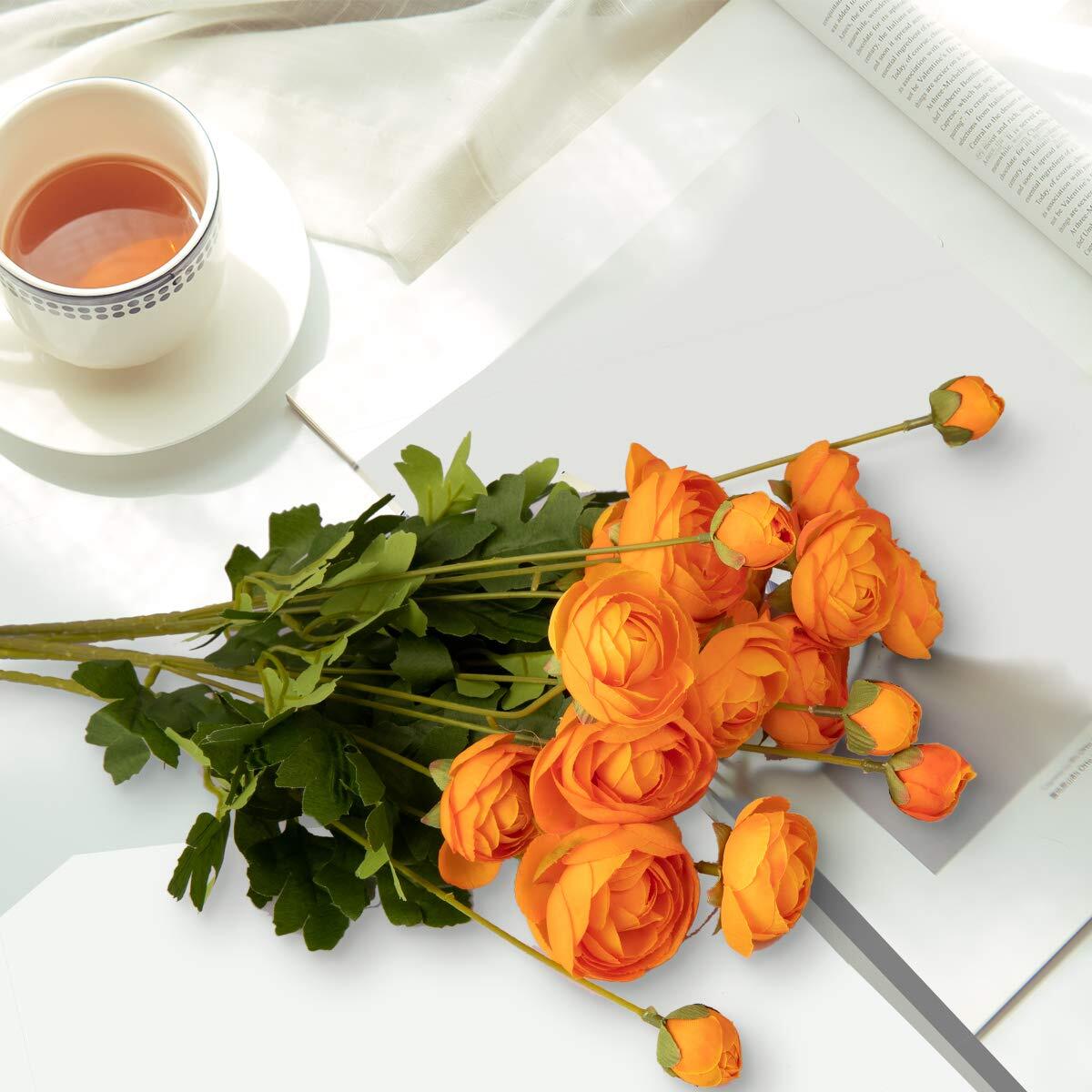 Artificial Ranunculus Flowers Set of 4 | Real Touch Stems | White Yellow Orange Pink