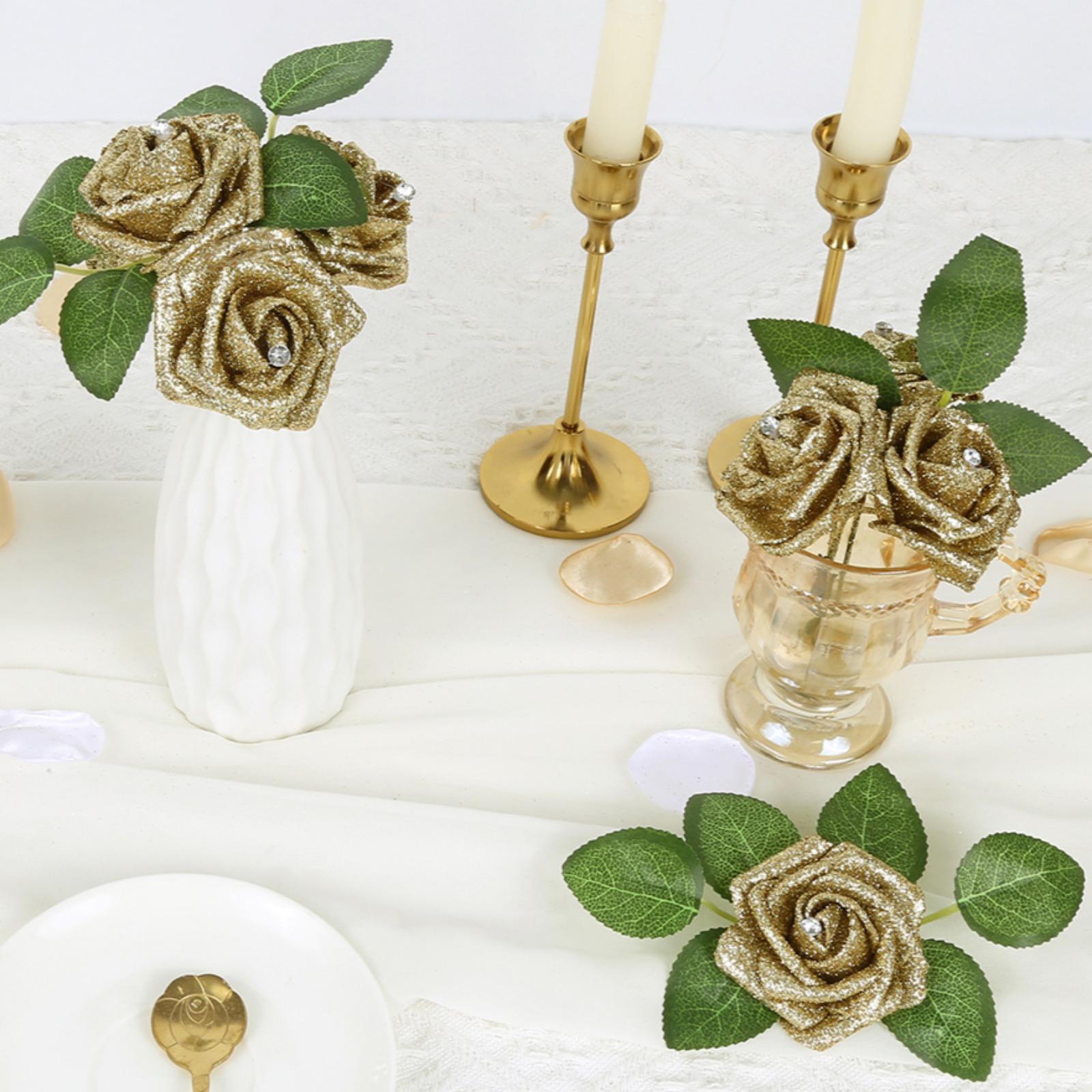 Glitter Foam Roses with Stems 25pcs | Wedding Bridal Bouquet Valentine's Day Party & Home Decor in Gold Silver