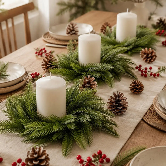 Set of artificial Norfolk pine candle ring wreaths used as Christmas table centerpieces with white pillar candles, pine cones and red berries on a linen runner farmhouse dining table
