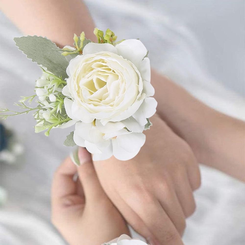 Artificial Wrist Corsage and Boutonniere Set 4pcs | Wedding Homecoming Prom & Graduation Party in White Red 6 Styles