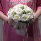 Artificial rose bridal bouquet side view showing full stem and blooms