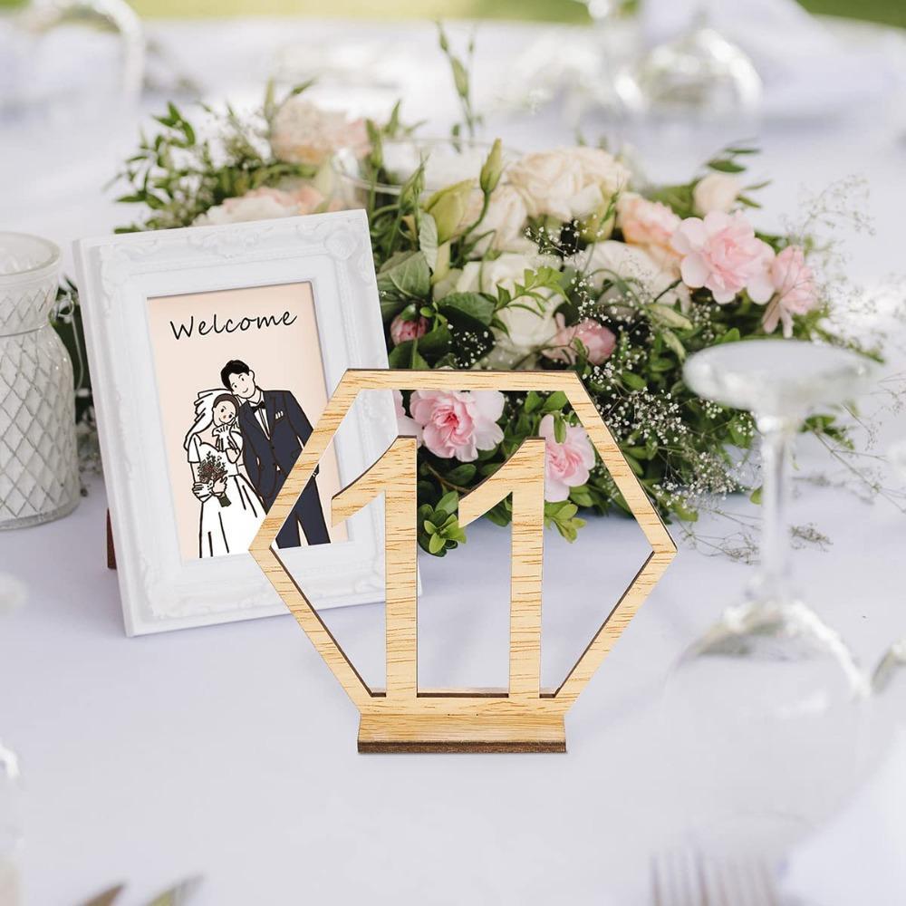 Hexagon Wooden Table Numbers 1-20 with Holder Base | Rustic Wedding Reception Decor