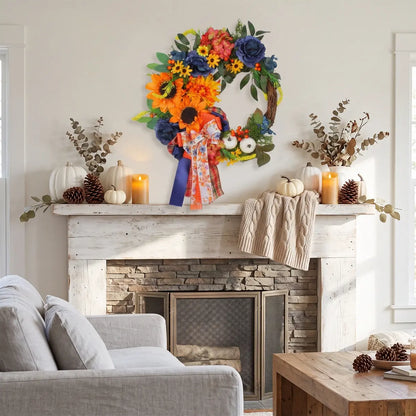 Harvest fall wreath with sunflowers, pumpkins, berries and maple leaves displayed above a fireplace mantel in a cozy living room
