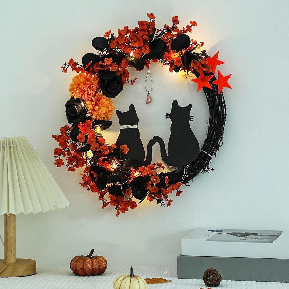 Halloween Black Cat Moon Wreath with Rose Flowers | Front Door Wall Window & Party Decor in White Orange Purple