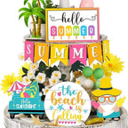 Hello Summer Hawaii Beach Gnome Wood Sign | Farmhouse Rustic Decor for Kitchen Shelf Tiered Tray & Home