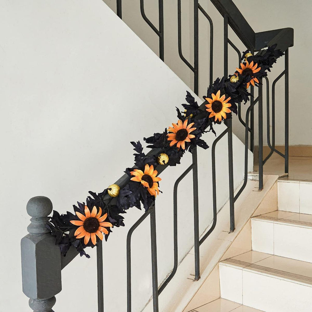 Black Halloween Garland | Artificial Maple Leaf Sunflower Pumpkin Vine for Fireplace Door Mantel & Party Decor in Yellow Orange