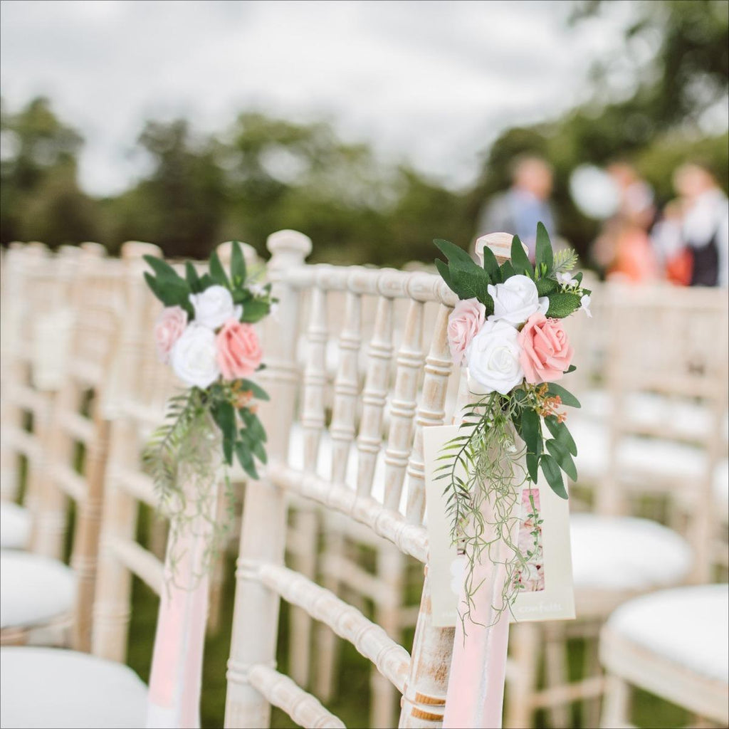 Artificial Flower Chair Decorations with Chiffon Ribbons 4pcs | Wedding Ceremony Banquet & Party Chair Decor in 10 Colors