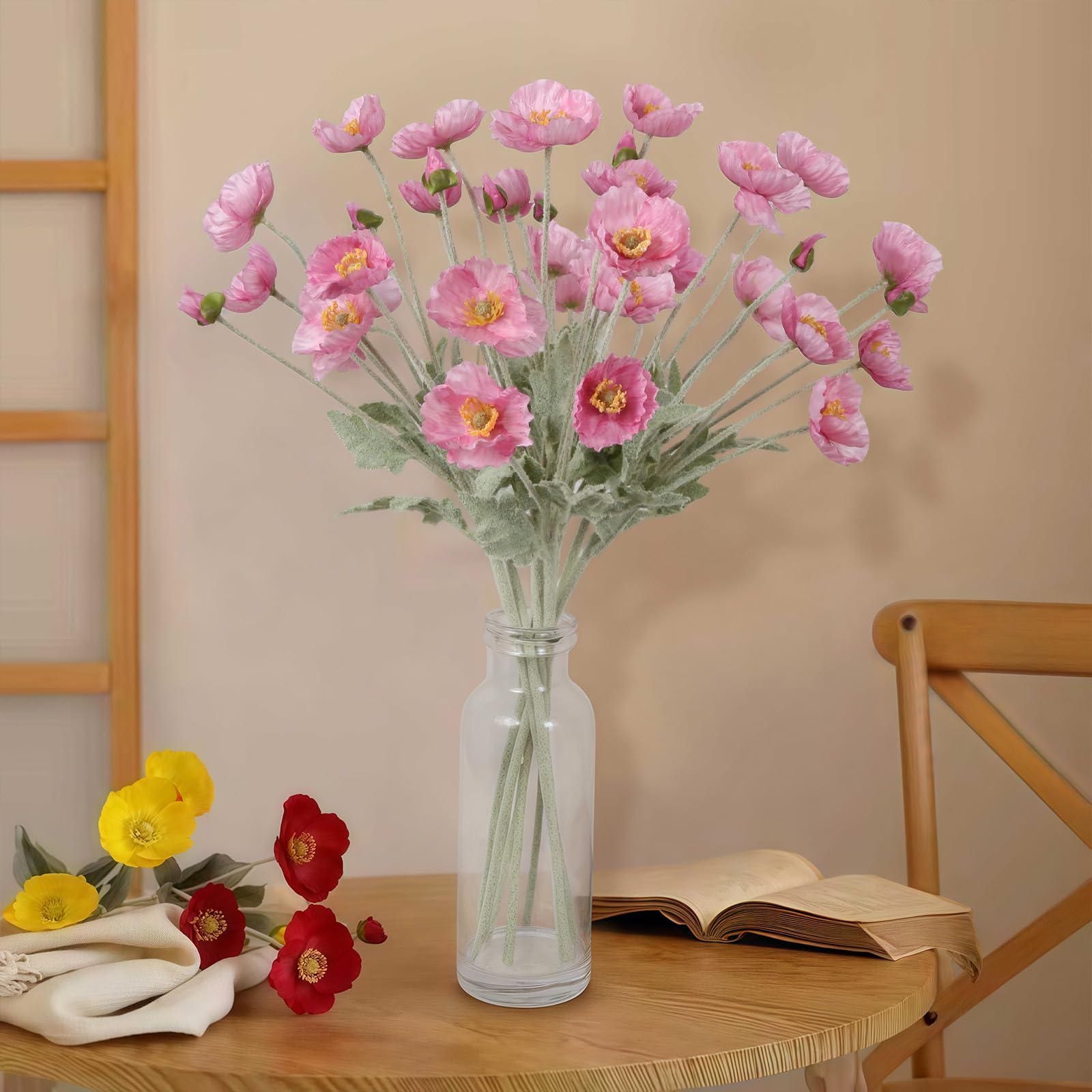 Silk Artificial Poppy Flowers 8pcs with Stem | Wedding Party Table Centerpiece & Home Decor in 10 Colors