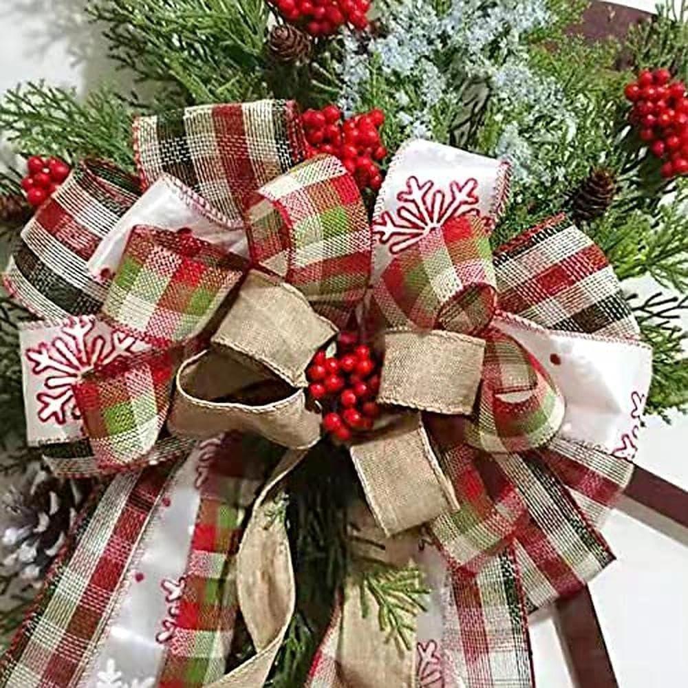 Farmhouse Wagon Wheel Christmas Wreath | Rustic Front Door Holiday Decor with Ribbon Bow & Berry Accents