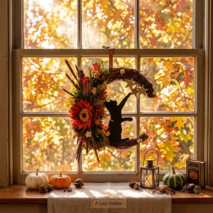 Halloween crescent moon cat wreath with sunflower and autumn florals, hung in a window with golden fall foliage backdrop, pumpkins and Halloween lantern on windowsill

