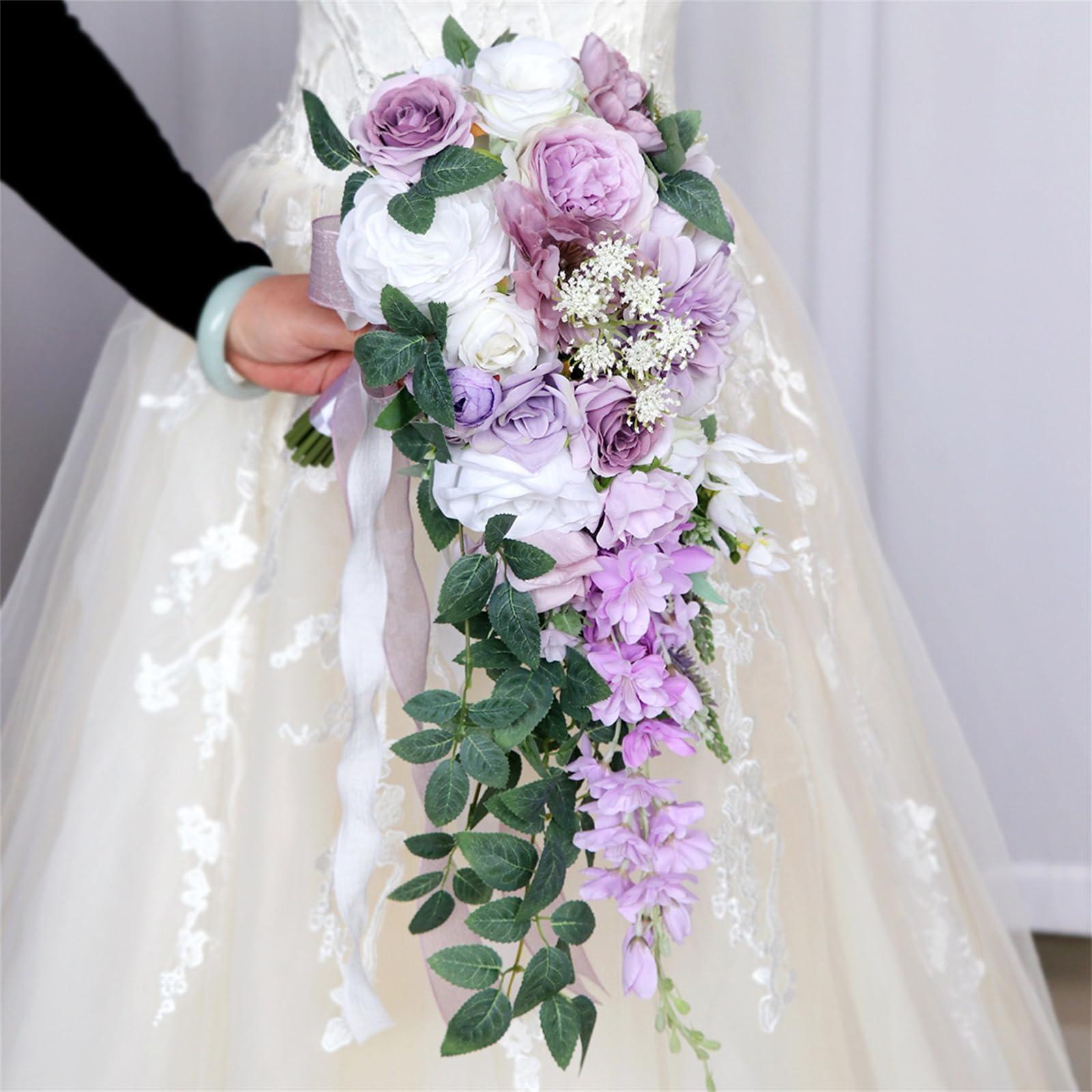 Collection of cascading rose bridal bouquet purple & ivory for wedding ceremony by IPOPU