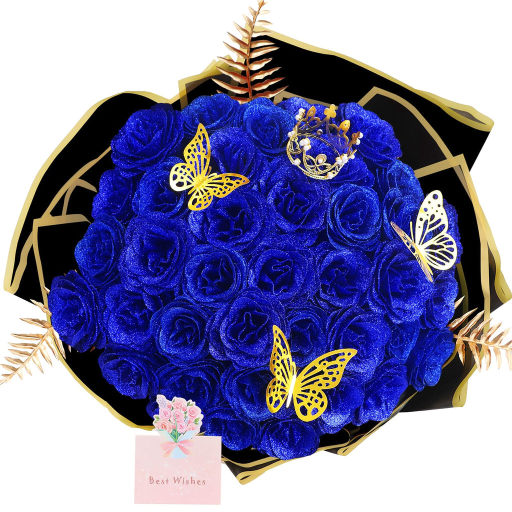 DIY Glitter Rose Bouquet Gift Set 24pcs | Graduation Birthday Gift with Stickers Ribbons Butterflies Crown in 7 Colors (Assembly Required)