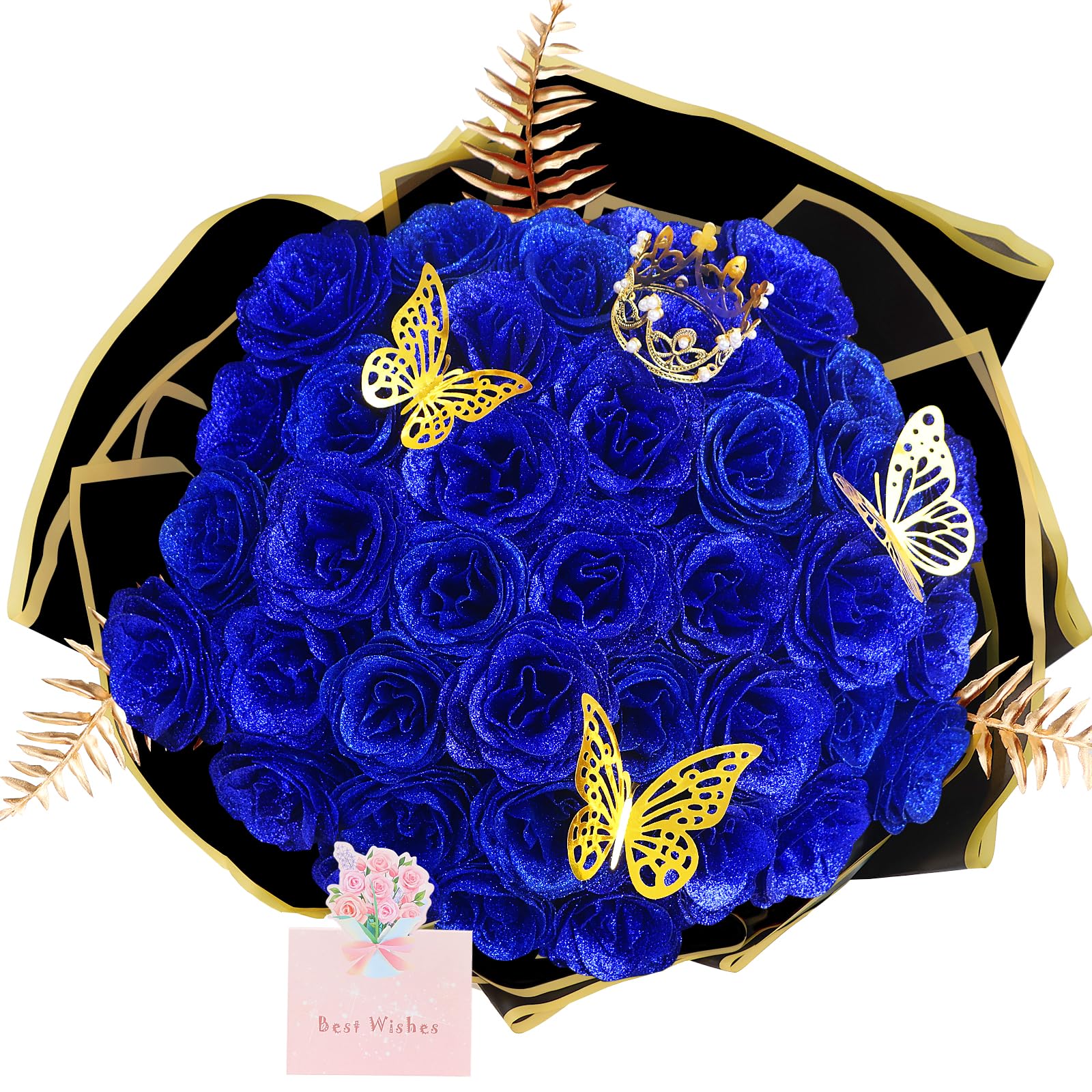 DIY Glitter Rose Bouquet Gift Set 24pcs | Graduation Birthday Gift with Stickers Ribbons Butterflies Crown in 7 Colors (Assembly Required)