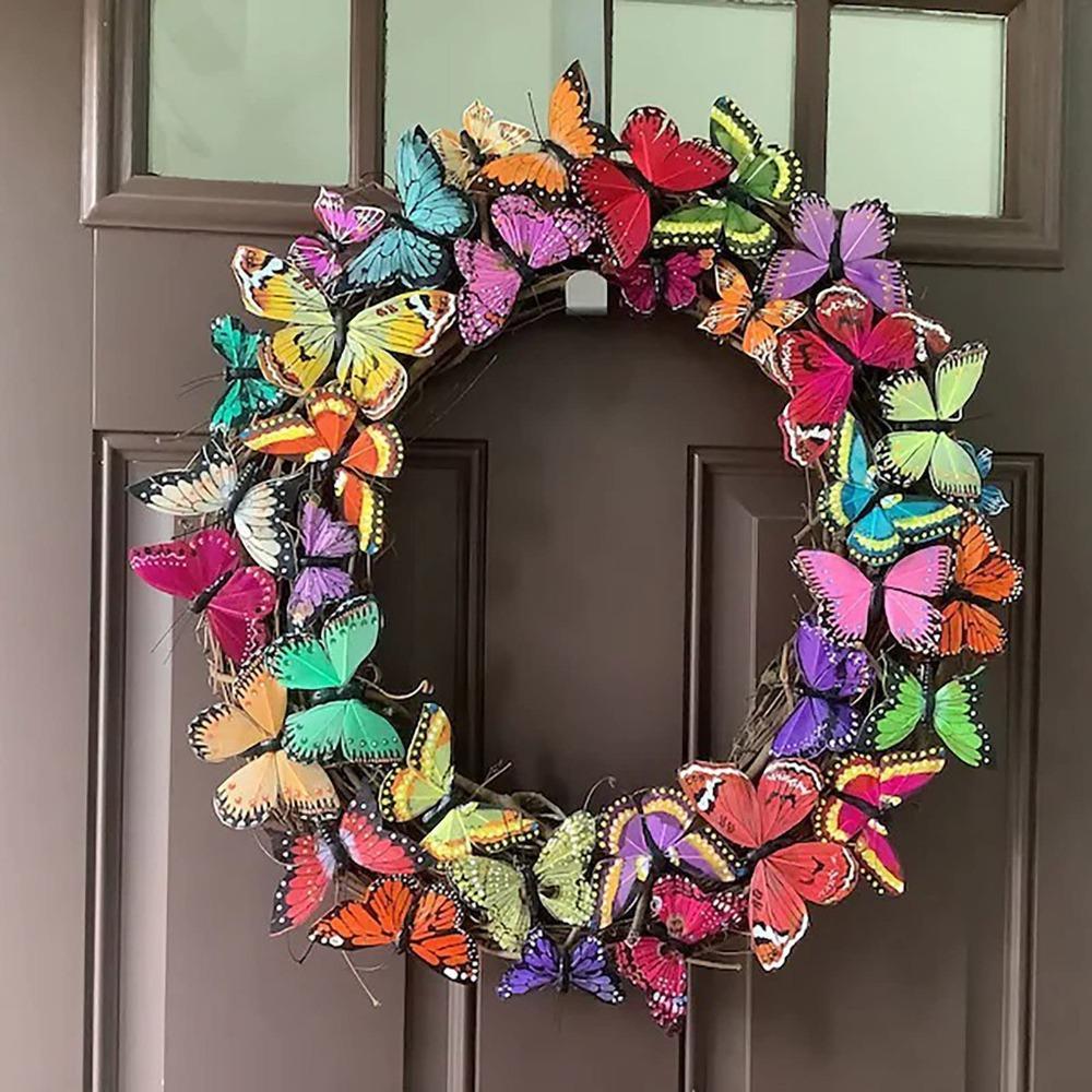 Butterfly Front Door Wreath | Red Orange Yellow Artificial Tulip Rattan Vine Door & Wall Mount Easter Spring Decor