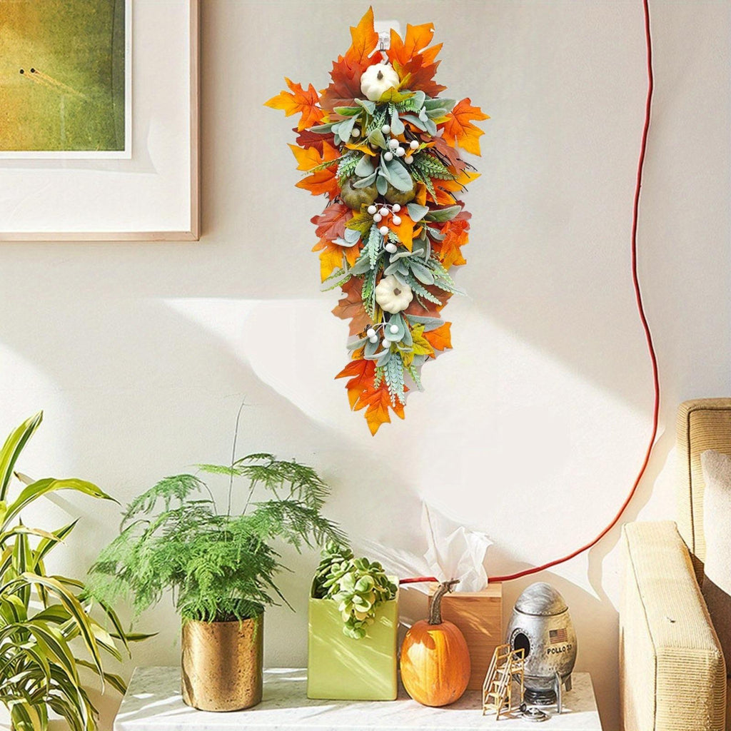 Side view of sunflower pumpkin maple leaf door swag for autumn fall front by IPOPU