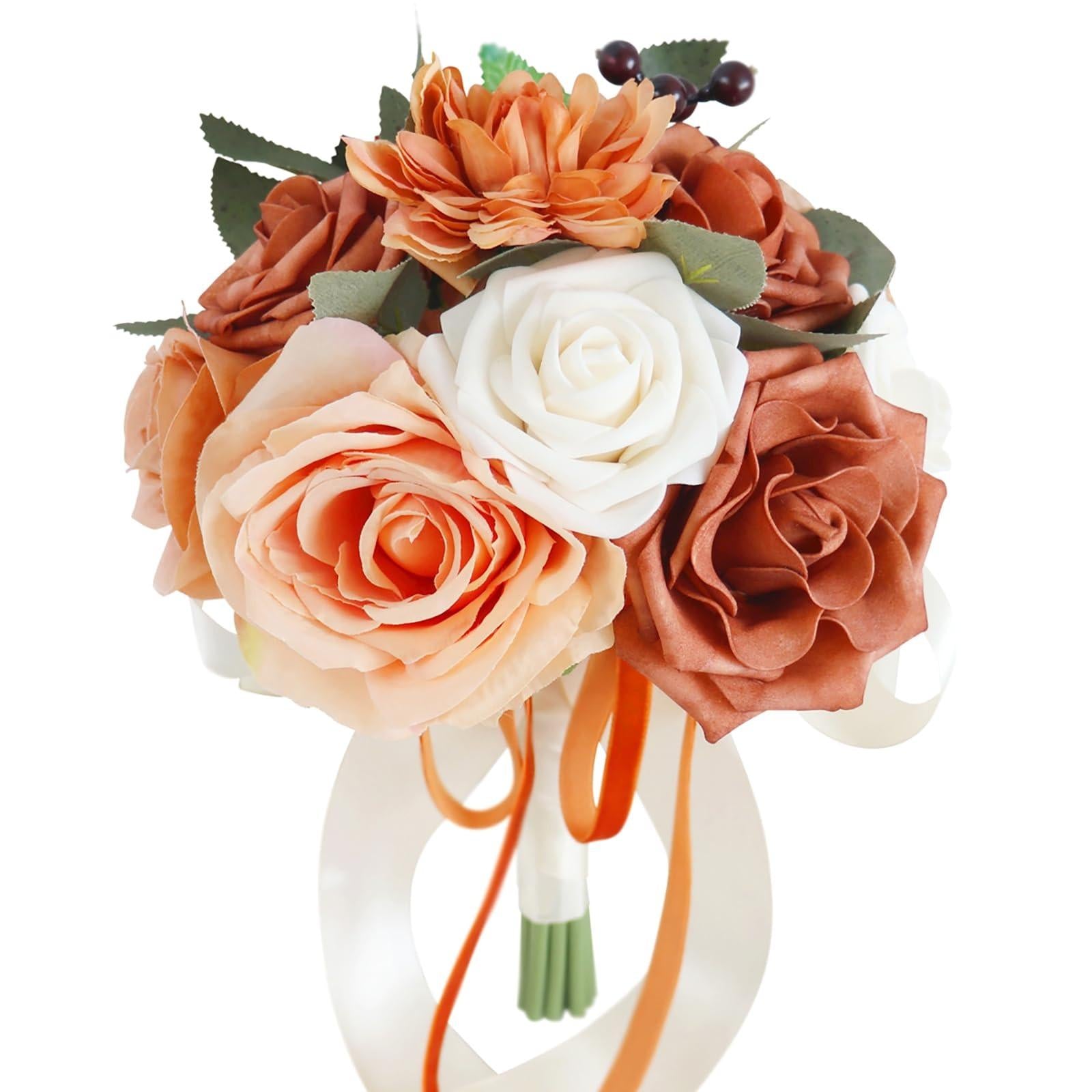 Artificial Rose Bridal Tossing Bouquet | Bride Bridesmaid Wedding Ceremony & Prom in Orange Pink Wine Red Blue