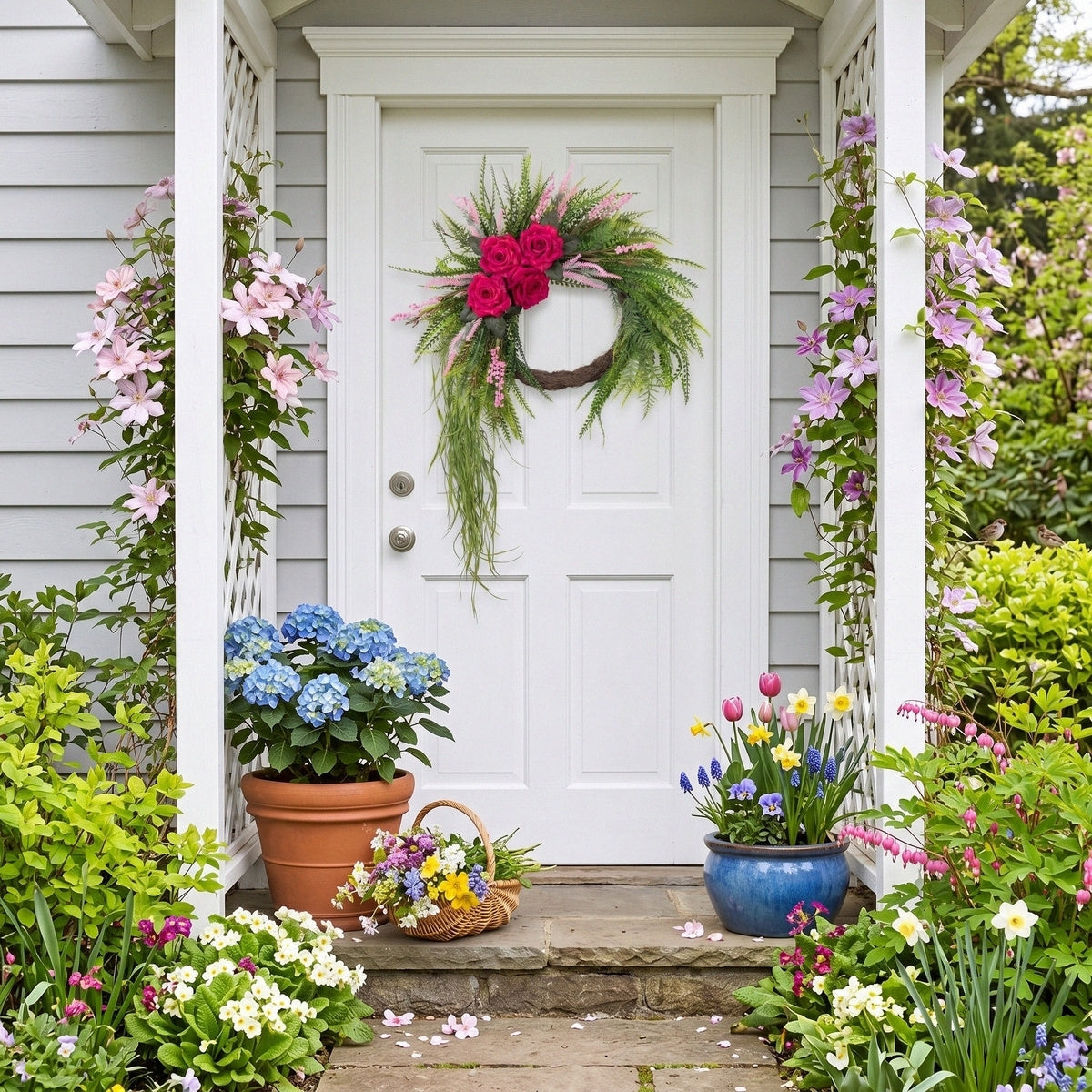 Artificial Rose Fern Wreath with Cascading Greenery and Pink Accents Boho Door Wall Hanging Decor