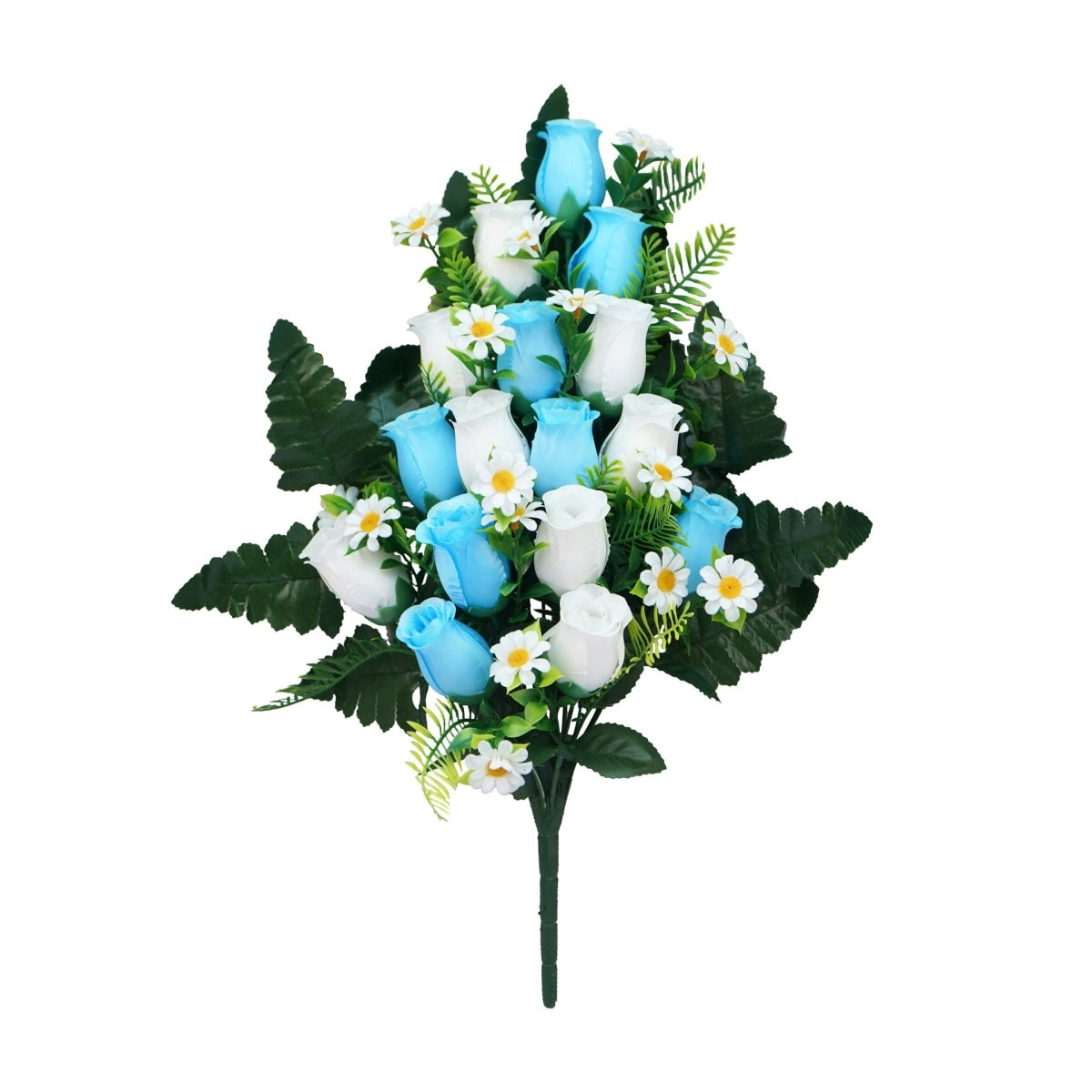 Artificial cemetery flowers light blue white memorial roses bouquet with vase for gravesite decoration