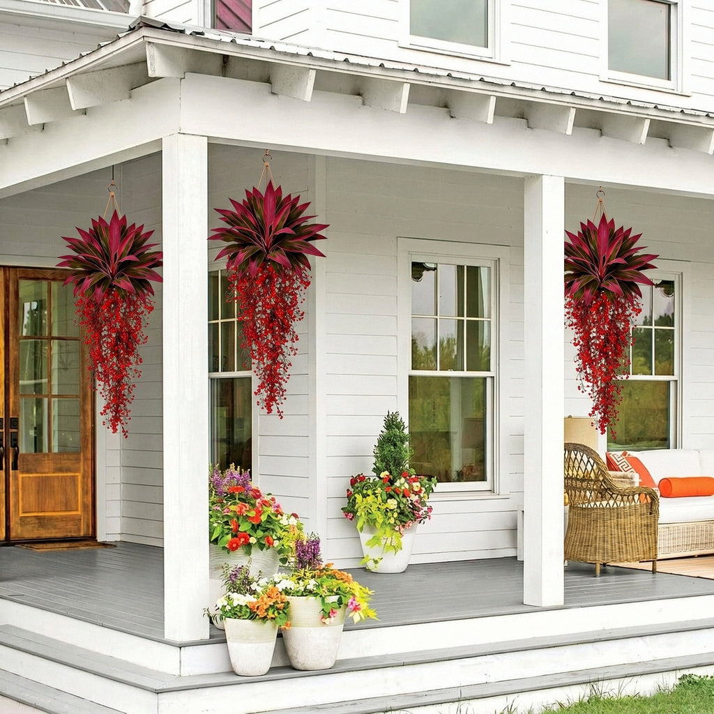 Artificial Red Ti Plant with Cascading Berry Bushes Fake Cordyline Fruticosa Polyester Tropical Leaves for Home Garden Patio Porch Wall Hanging Decor