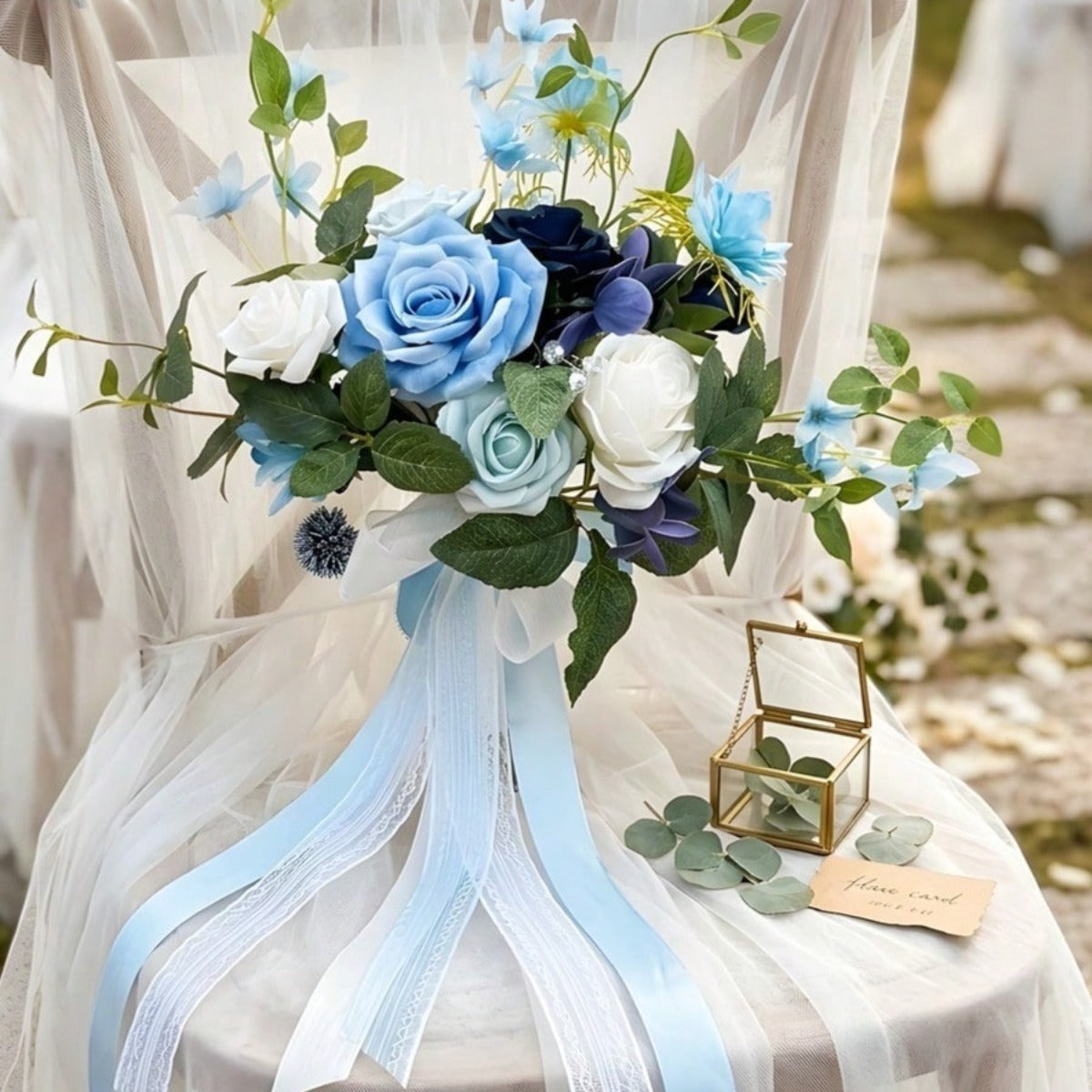 Dusty Blue & White Artificial Bridesmaid Bouquet with Ribbon | Wedding Ceremony Bridal