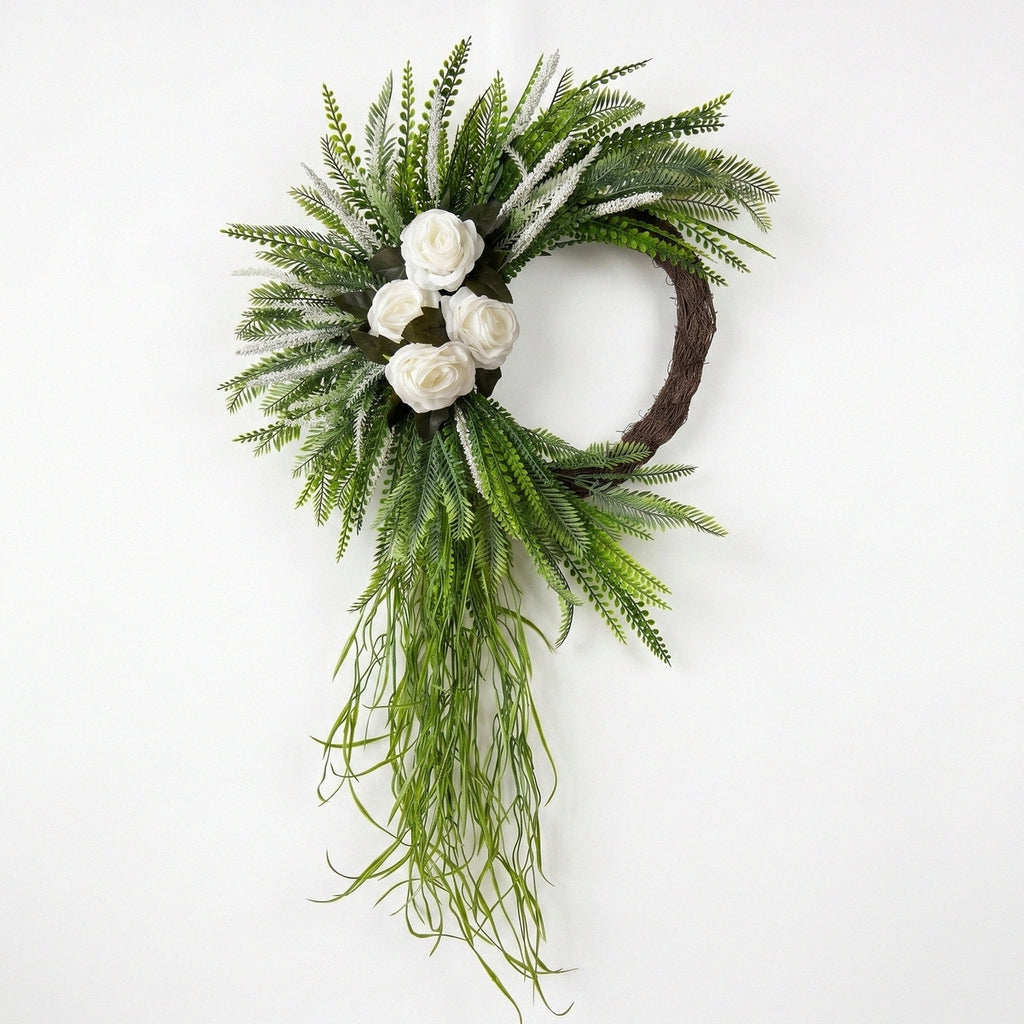 Bohemian fern wreath with cascading white roses for front door porch and home wall hanging spring summer decor