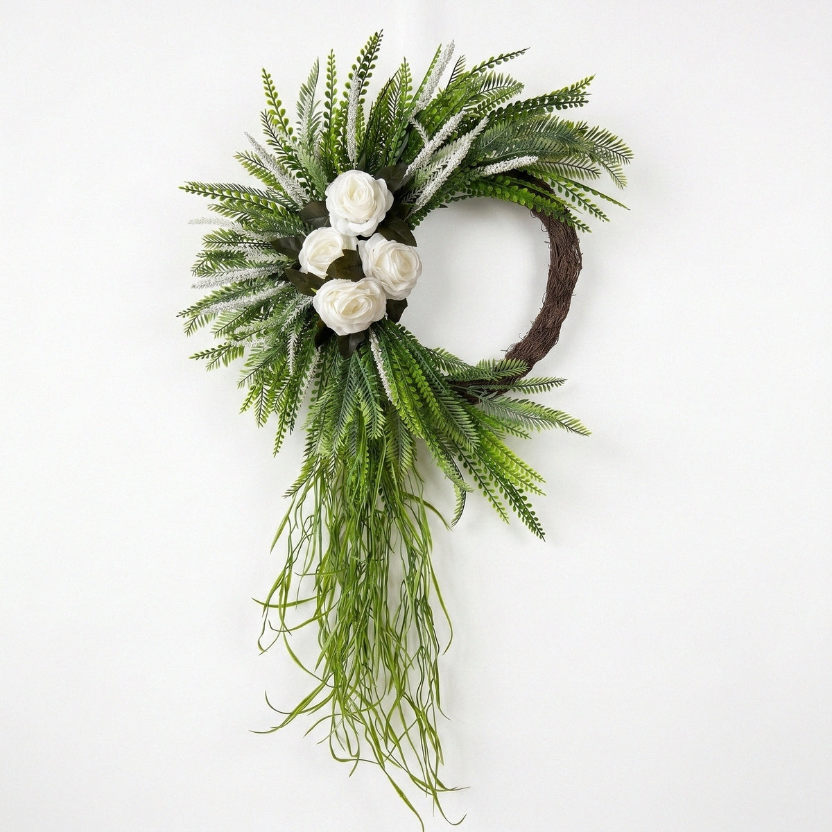 Bohemian fern wreath with cascading white roses for front door porch and home wall hanging spring summer decor