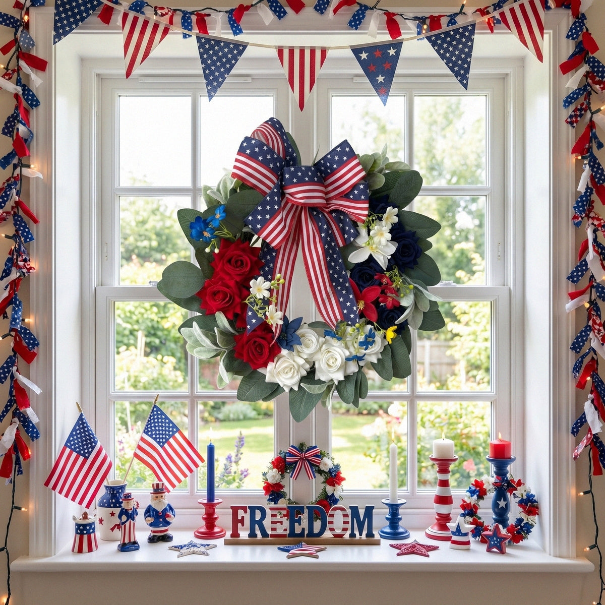 Patriotic Americana Wreath Fourth of July Front Door Decor Red White Blue Hydrangea Wreath with Flag Bow Summer Holiday Wall Art for Home Porch
