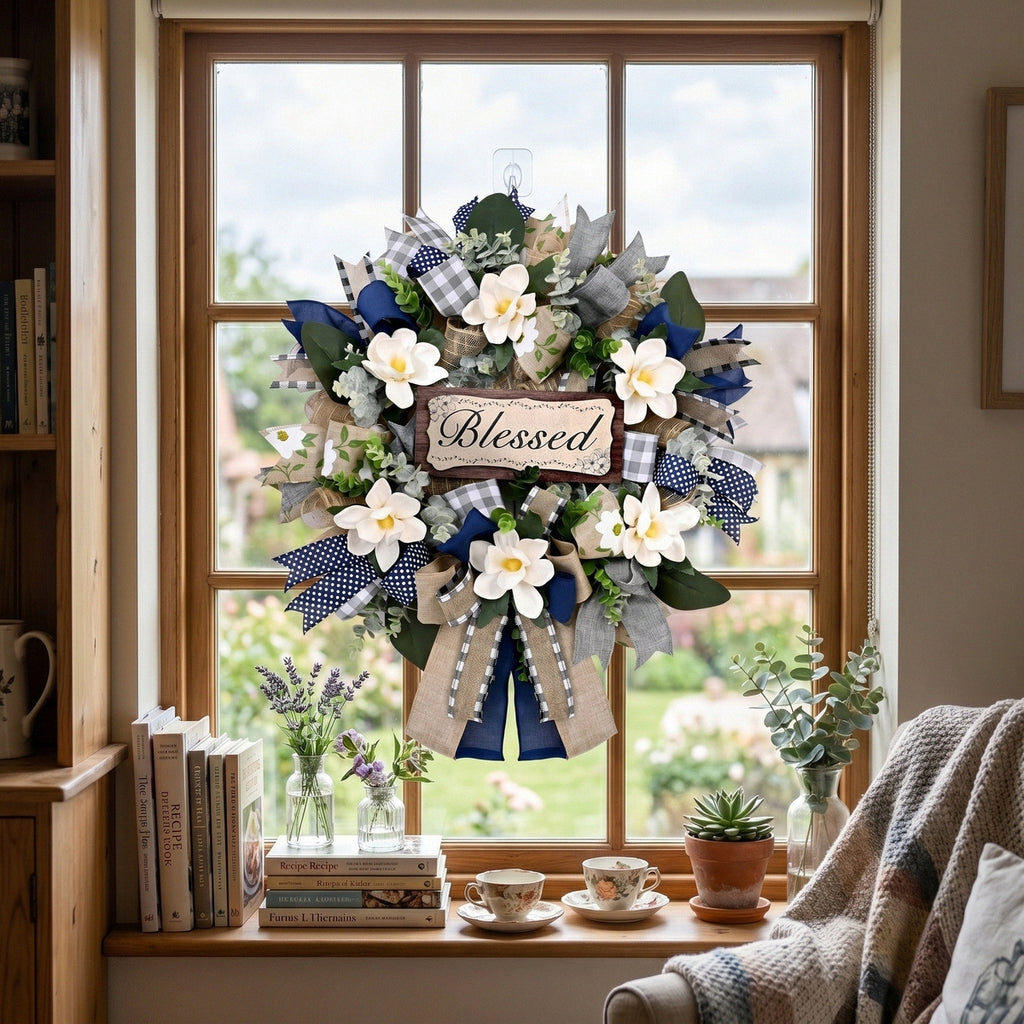 Farmhouse Blessed Wreath for Front Door | Wooden Sign Navy Blue Burlap Ribbon & White Flower Wreath for Home Wall Porch & Entryway Decor