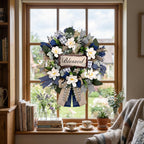 Farmhouse Blessed Wreath for Front Door | Wooden Sign Navy Blue Burlap Ribbon & White Flower Wreath for Home Wall Porch & Entryway Decor