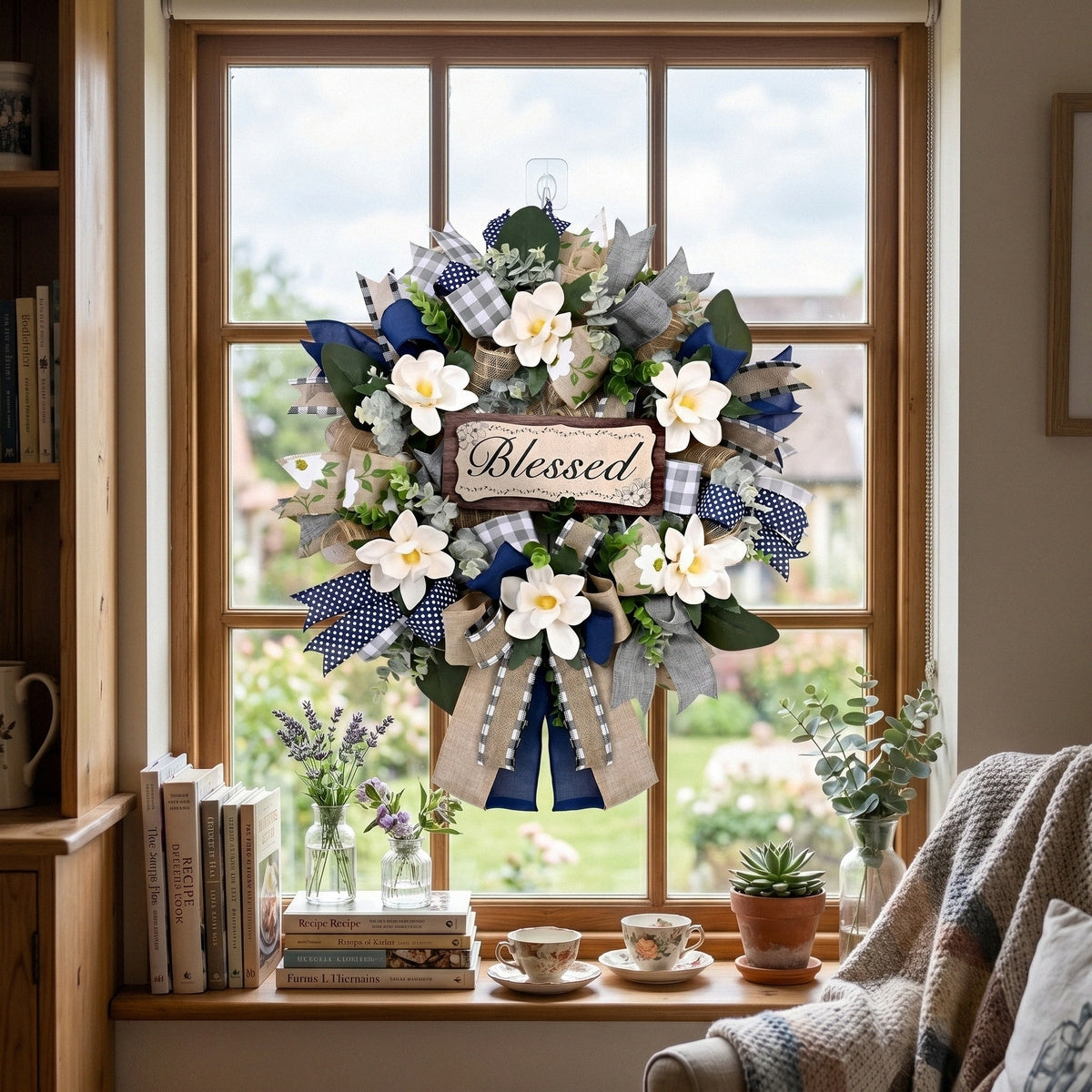 Farmhouse Blessed Wreath for Front Door | Wooden Sign Navy Blue Burlap Ribbon & White Flower Wreath for Home Wall Porch & Entryway Decor