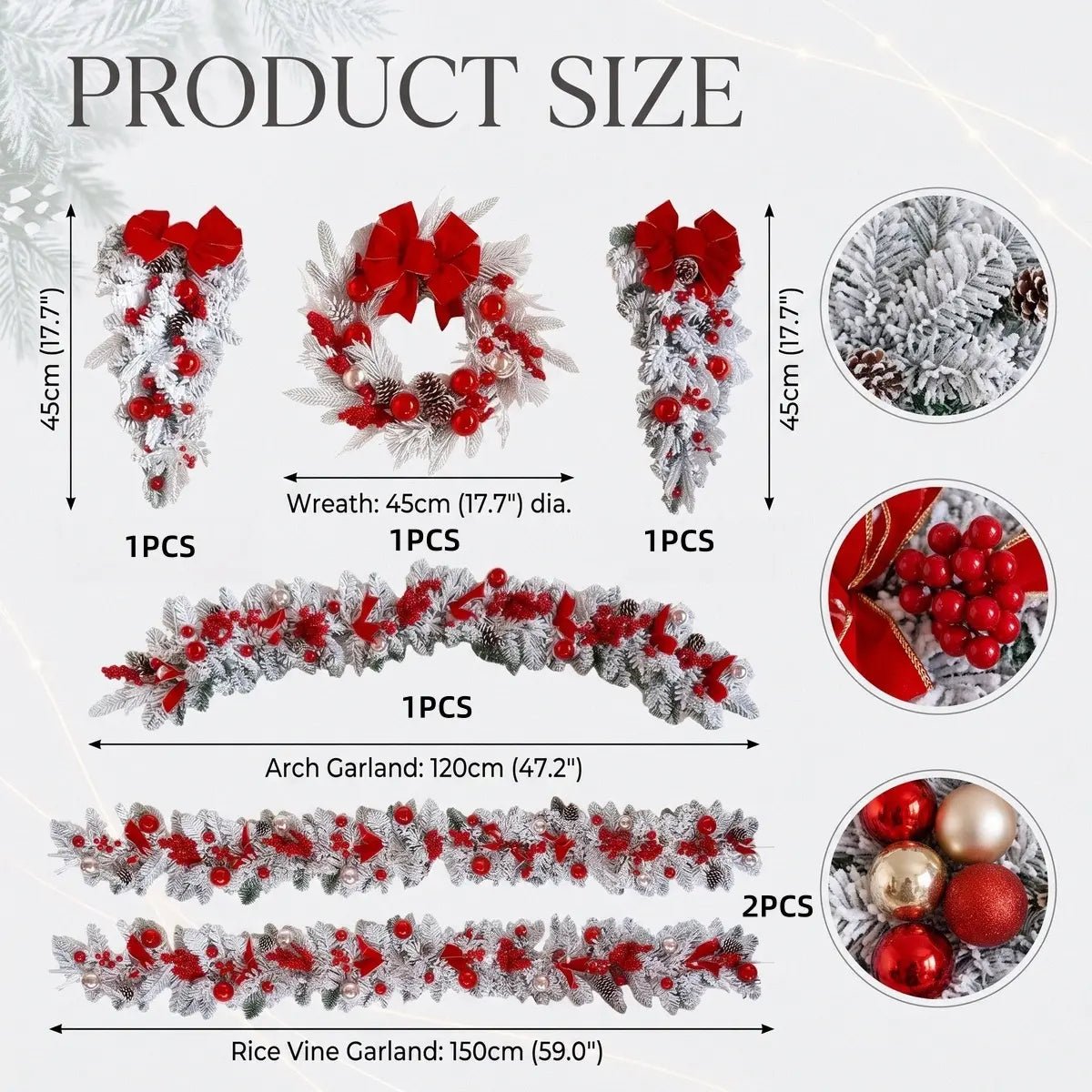 Close-up of Christmas wreath set with red bows, berries, pine cones and Christmas balls