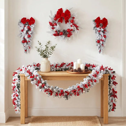6-piece Christmas decoration set arranged on a mantel with red berries and pine cones