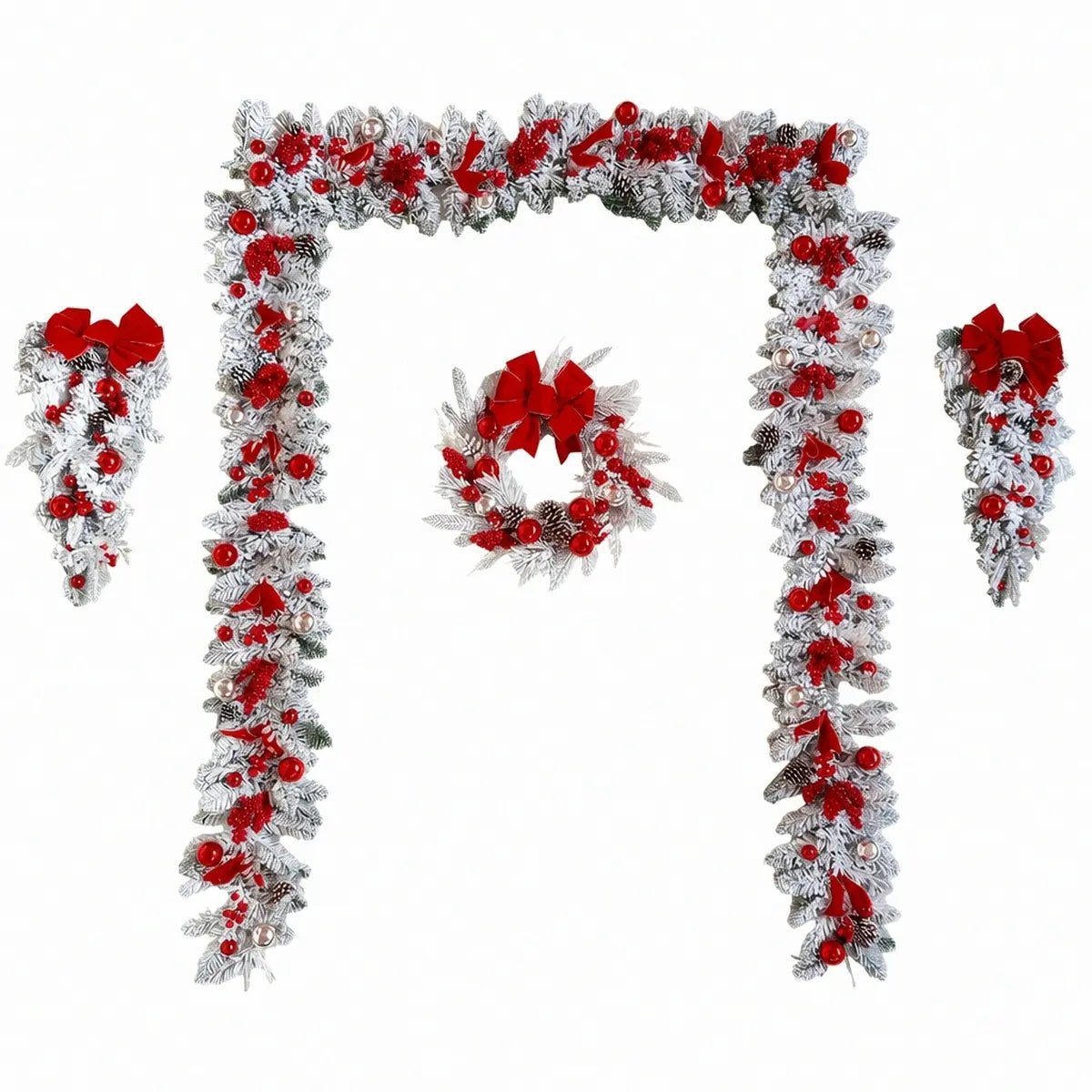 Product size chart for 6-piece Christmas wreath set with upside down tree and garland