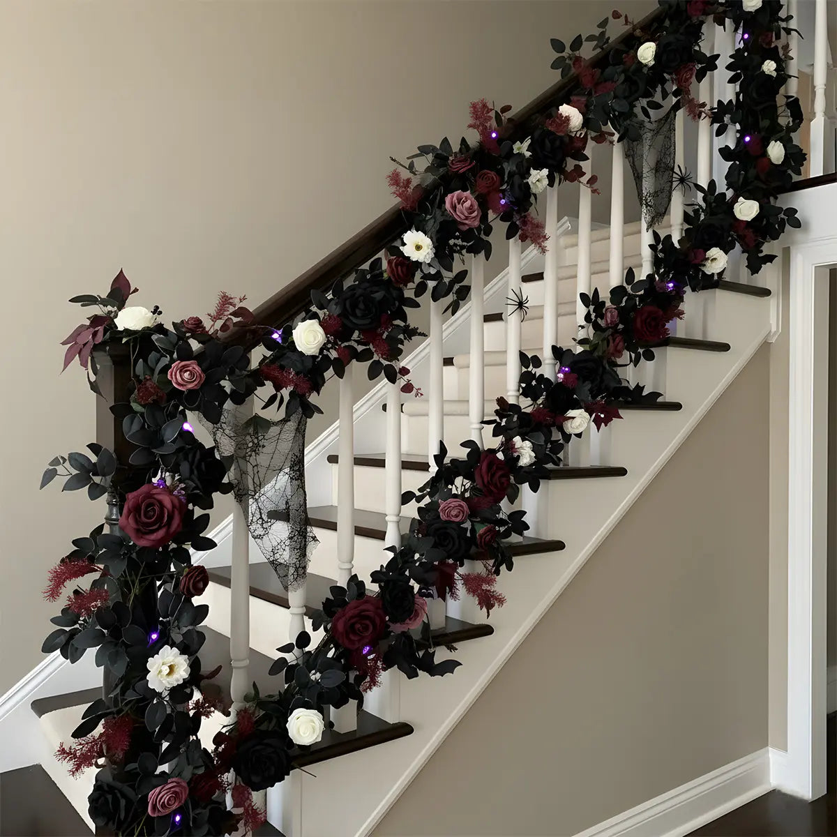 70.87 Inch Black Artificial Garland with Roses Draped on Staircase Banister – Gothic Halloween Decor
