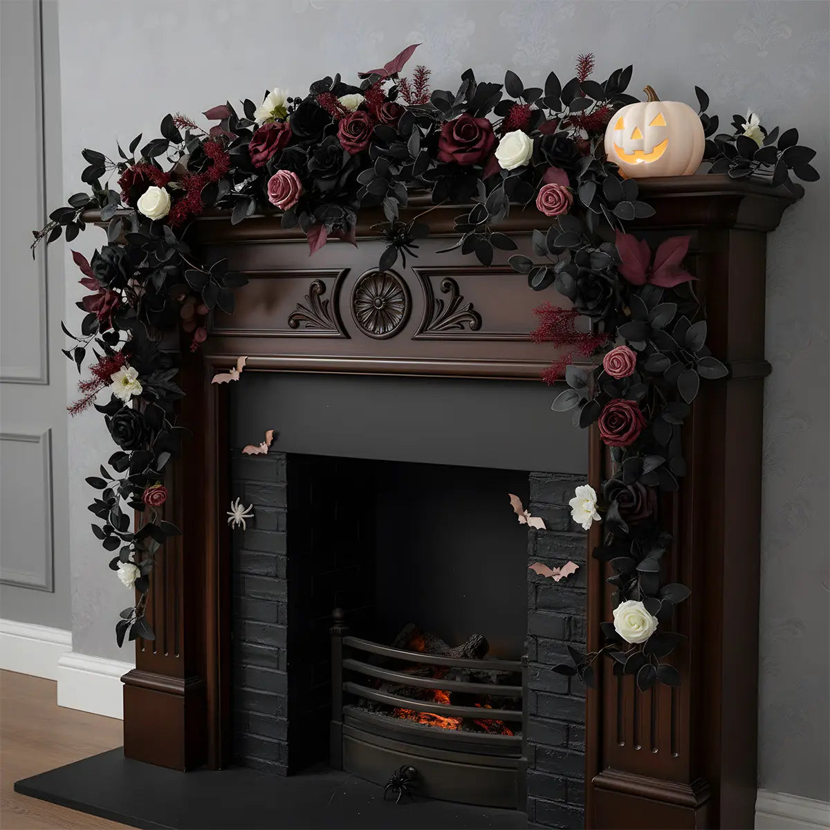 70 Inch Black Eucalyptus and Rose Garland Draped on Dark Fireplace Mantel – Gothic Wedding Decor
