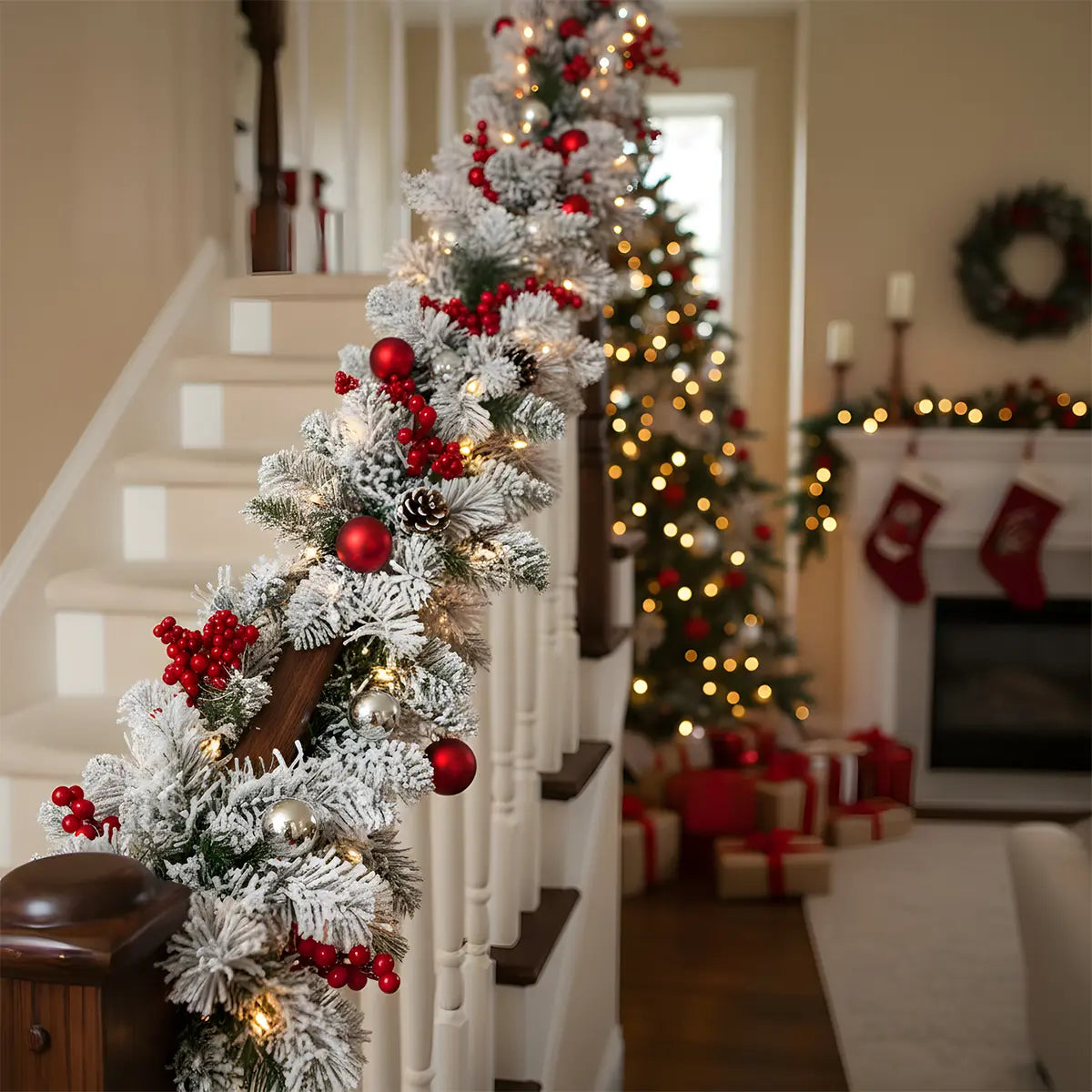 Artificial Christmas Swag Garland with Pine Cones and Red Berries Decorating Front Door Entryway
