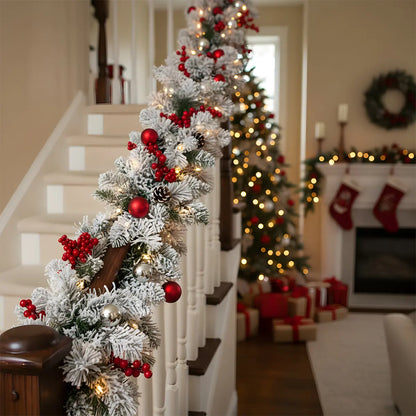 Artificial Christmas Swag Garland with Pine Cones and Red Berries Decorating Front Door Entryway
