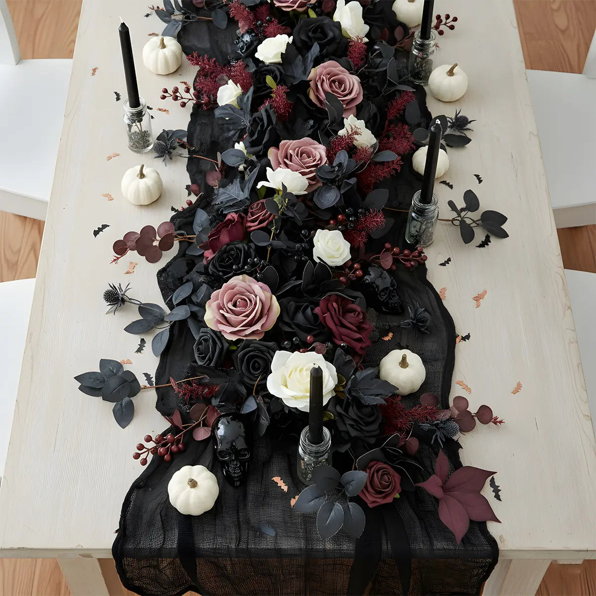 Black Eucalyptus Rose Garland Size Chart – 70.87 Inch Artificial Gothic Vine for Wedding and Halloween
