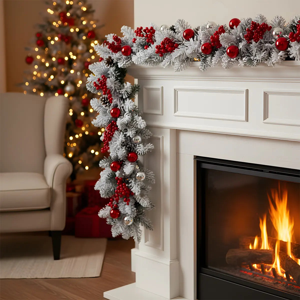 47 Inch Christmas Swag Garland with Pine Cones and Red Berries Draped on Fireplace Mantel