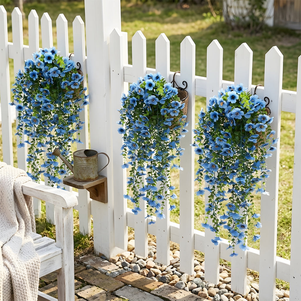 Artificial Hanging Flowers for Outdoors, Morning Glory Artificial Flowers with Eucalyptus Leaves, UV Resistant Fake Flower Realistic Faux Plants for Home Patio Porch Garden