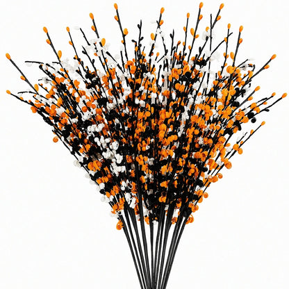 Halloween Artificial Berry Stems | Black Orange White Curly Branches | Spooky Fall Vase Filler
